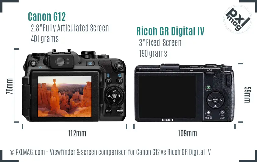 Canon G12 vs Ricoh GR Digital IV Screen and Viewfinder comparison