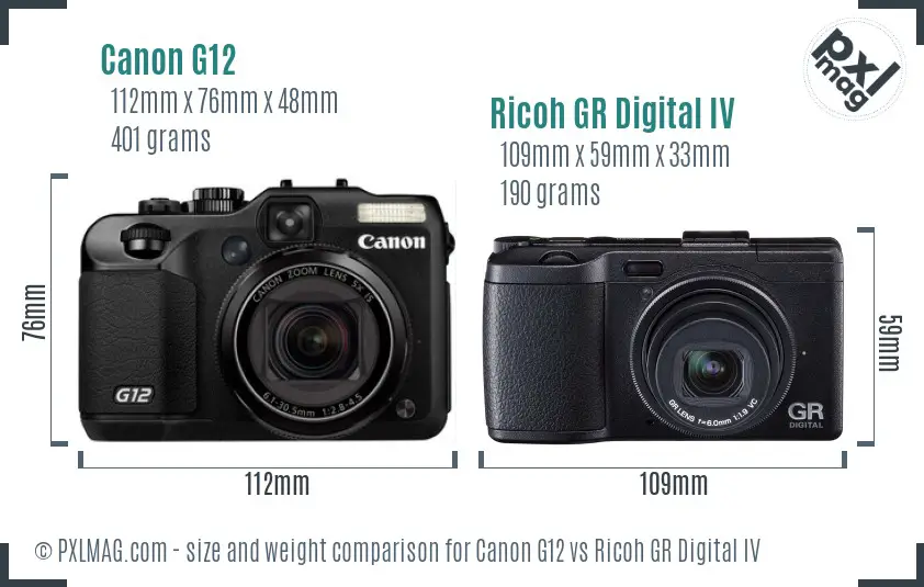 Canon G12 vs Ricoh GR Digital IV size comparison