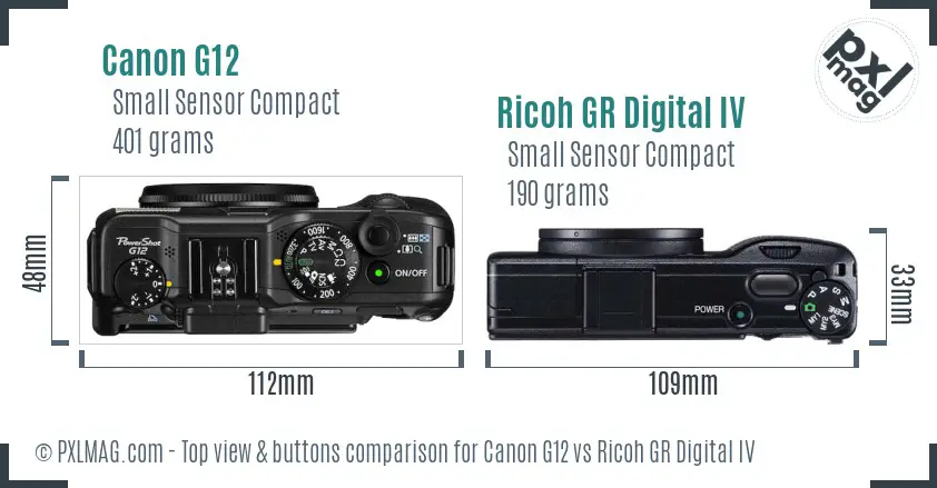 Canon G12 vs Ricoh GR Digital IV top view buttons comparison
