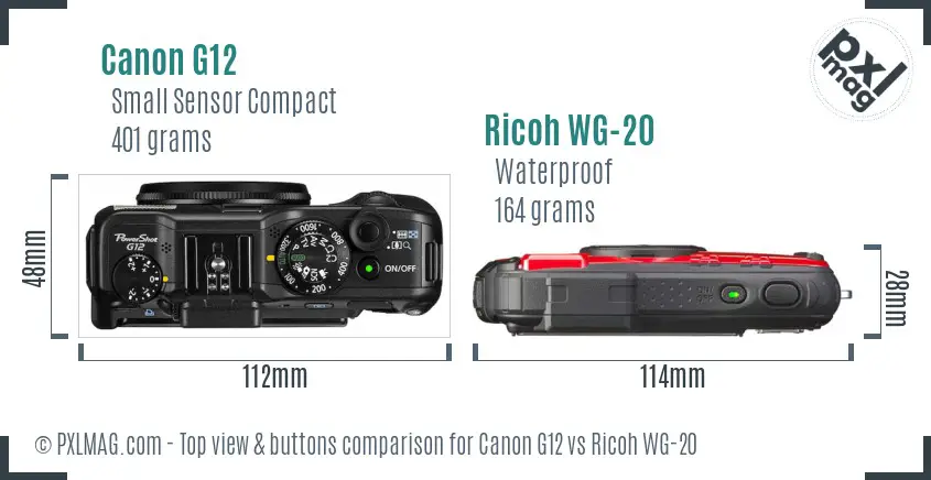 Canon G12 vs Ricoh WG-20 top view buttons comparison