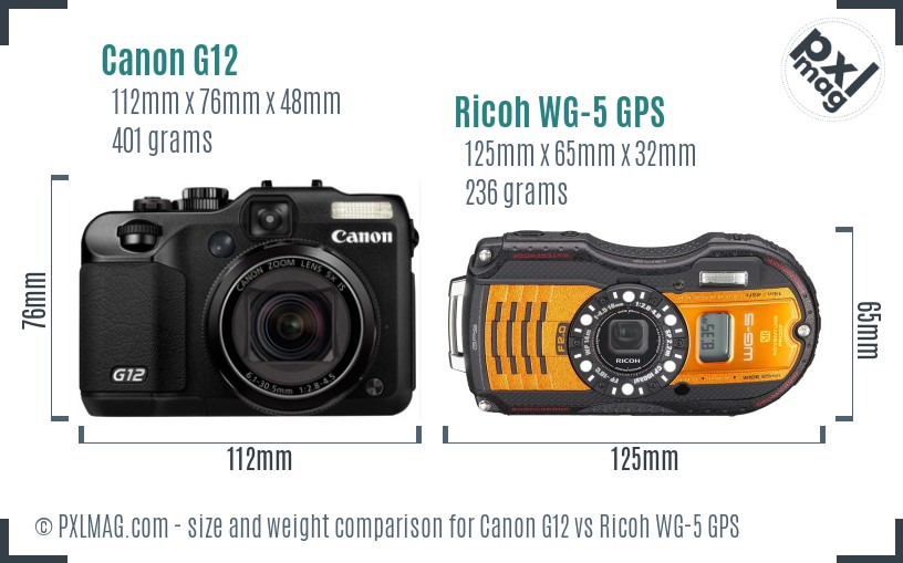 Canon G12 vs Ricoh WG-5 GPS size comparison
