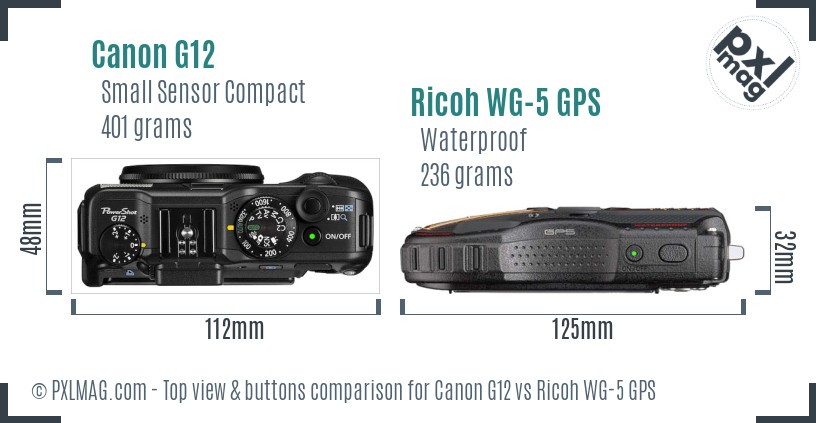 Canon G12 vs Ricoh WG-5 GPS top view buttons comparison