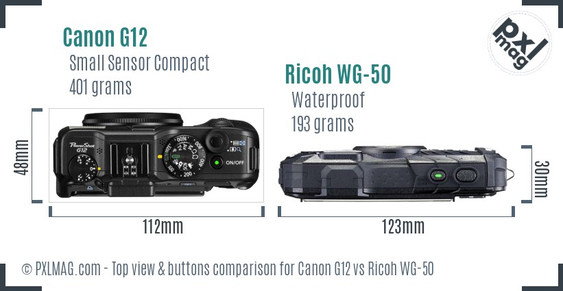 Canon G12 vs Ricoh WG-50 top view buttons comparison