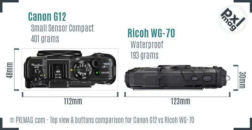 Canon G12 vs Ricoh WG-70 top view buttons comparison