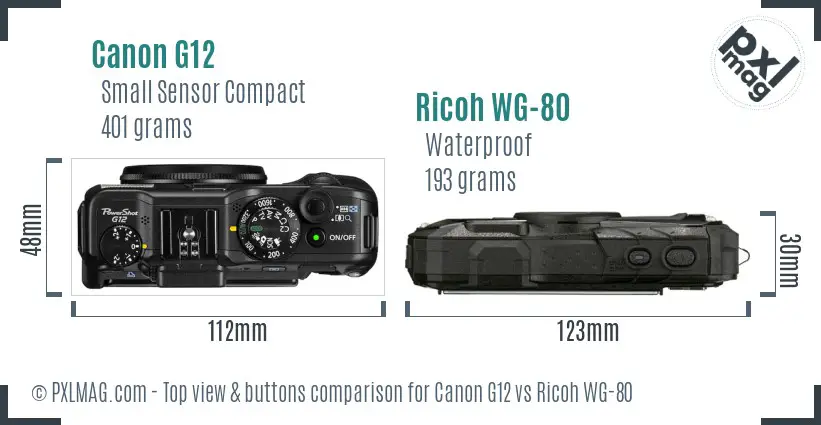 Canon G12 vs Ricoh WG-80 top view buttons comparison Canon G12 vs Ricoh WG-80 top view buttons comparison