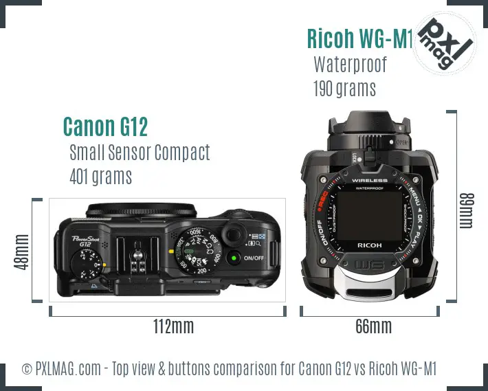 Canon G12 vs Ricoh WG-M1 top view buttons comparison