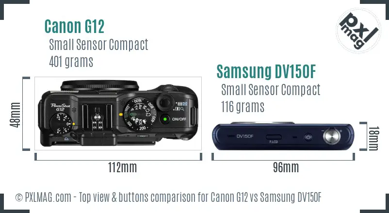 Canon G12 vs Samsung DV150F top view buttons comparison