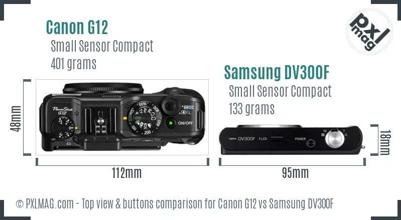 Canon G12 vs Samsung DV300F top view buttons comparison