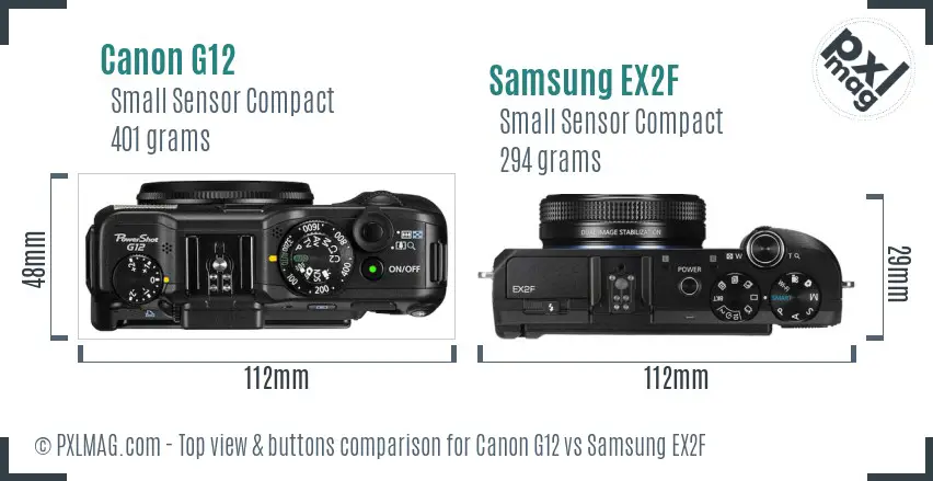 Canon G12 vs Samsung EX2F top view buttons comparison