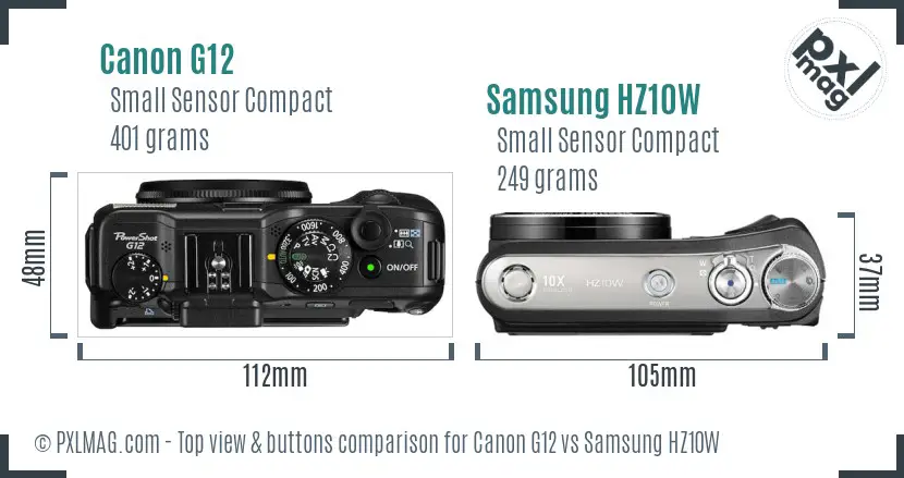 Canon G12 vs Samsung HZ10W top view buttons comparison