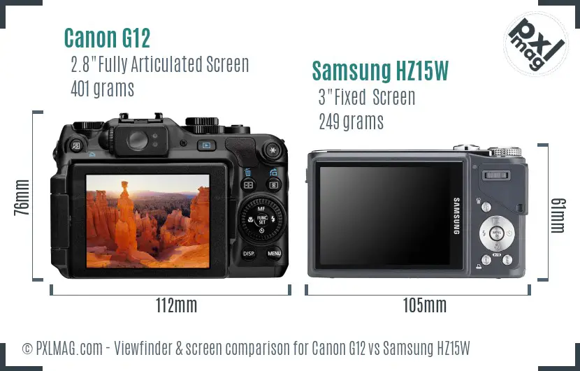 Canon G12 vs Samsung HZ15W Screen and Viewfinder comparison