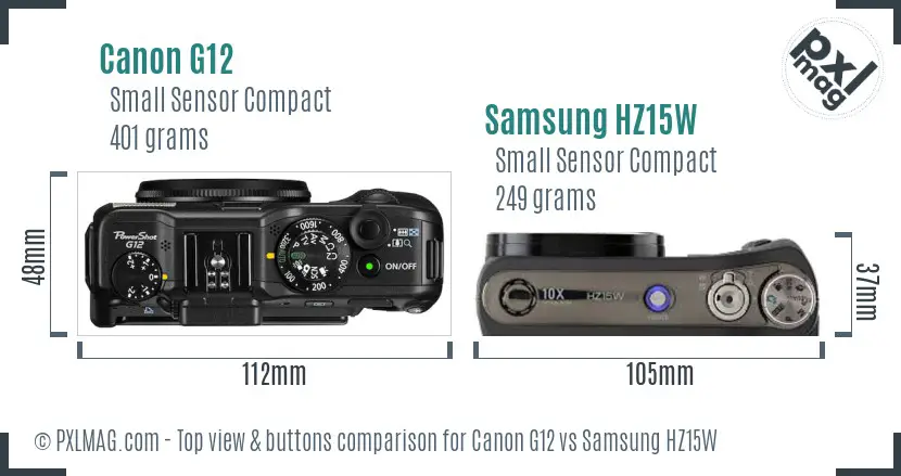 Canon G12 vs Samsung HZ15W top view buttons comparison