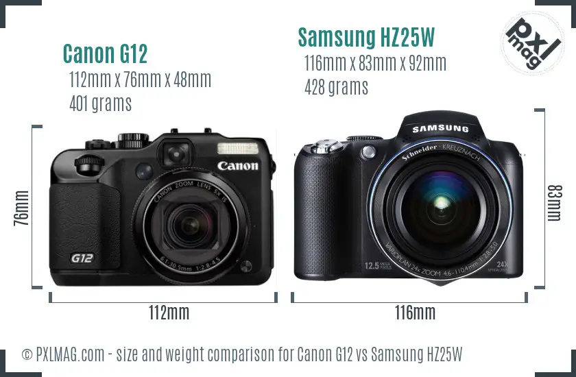 Canon G12 vs Samsung HZ25W size comparison Canon G12 vs Samsung HZ25W size comparison