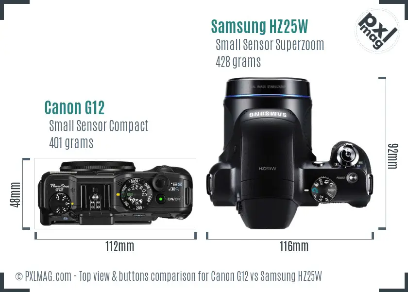 Canon G12 vs Samsung HZ25W top view buttons comparison Canon G12 vs Samsung HZ25W top view buttons comparison