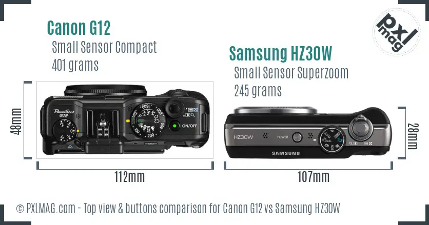 Canon G12 vs Samsung HZ30W top view buttons comparison