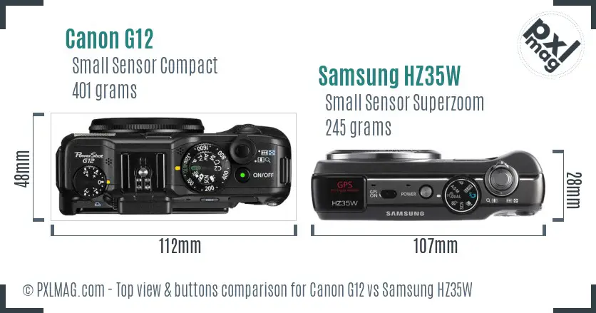 Canon G12 vs Samsung HZ35W top view buttons comparison