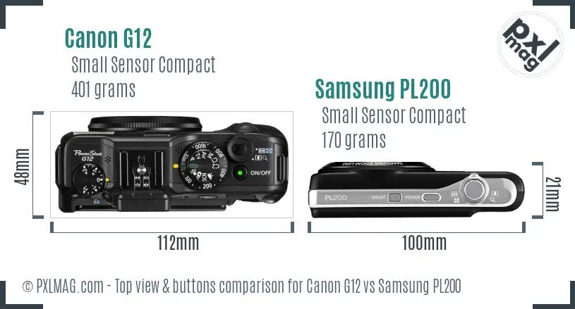 Canon G12 vs Samsung PL200 top view buttons comparison