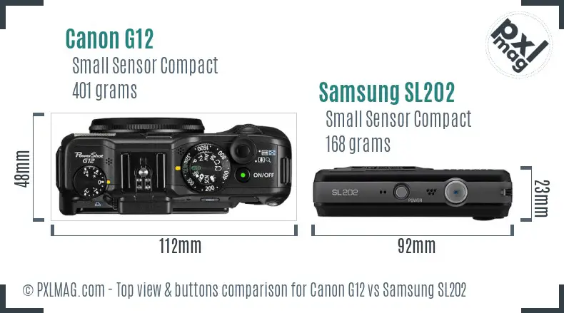 Canon G12 vs Samsung SL202 top view buttons comparison