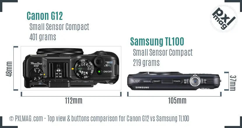 Canon G12 vs Samsung TL100 top view buttons comparison
