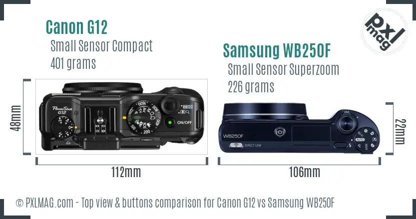 Canon G12 vs Samsung WB250F top view buttons comparison Canon G12 vs Samsung WB250F top view buttons comparison