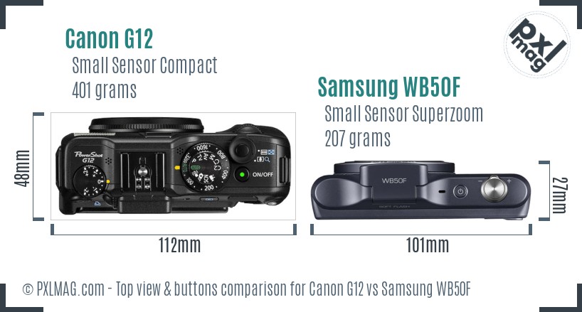 Canon G12 vs Samsung WB50F top view buttons comparison