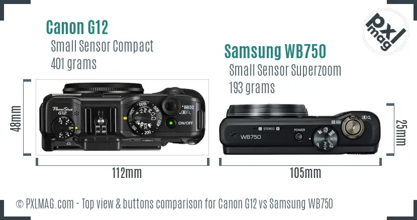 Canon G12 vs Samsung WB750 top view buttons comparison