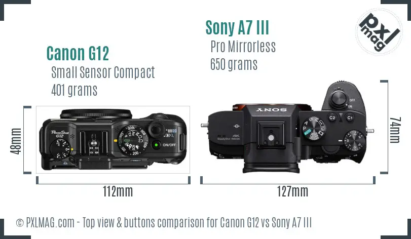 Canon G12 vs Sony A7 III top view buttons comparison