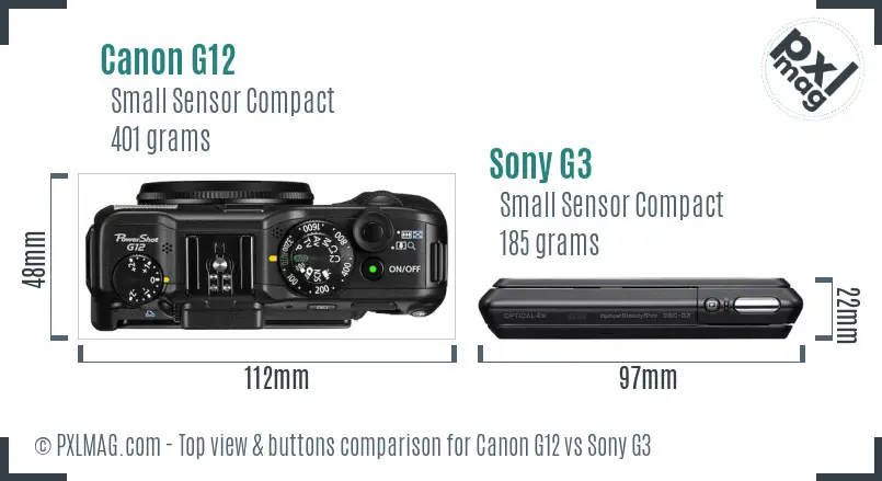 Canon G12 vs Sony G3 top view buttons comparison