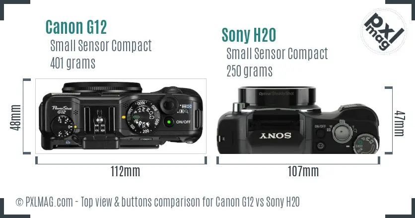 Canon G12 vs Sony H20 top view buttons comparison