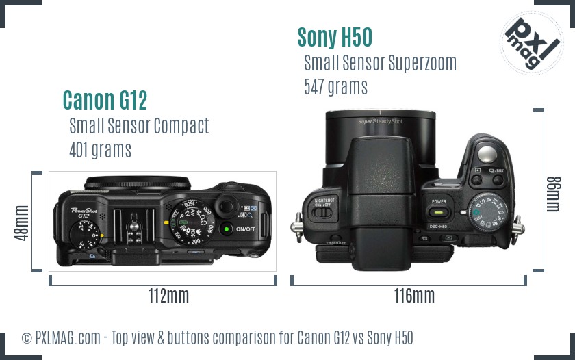 Canon G12 vs Sony H50 top view buttons comparison