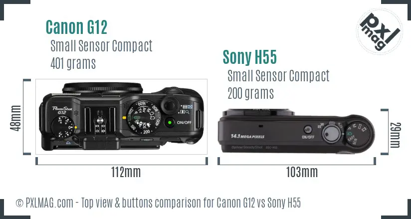 Canon G12 vs Sony H55 top view buttons comparison