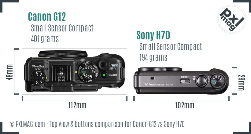 Canon G12 vs Sony H70 top view buttons comparison