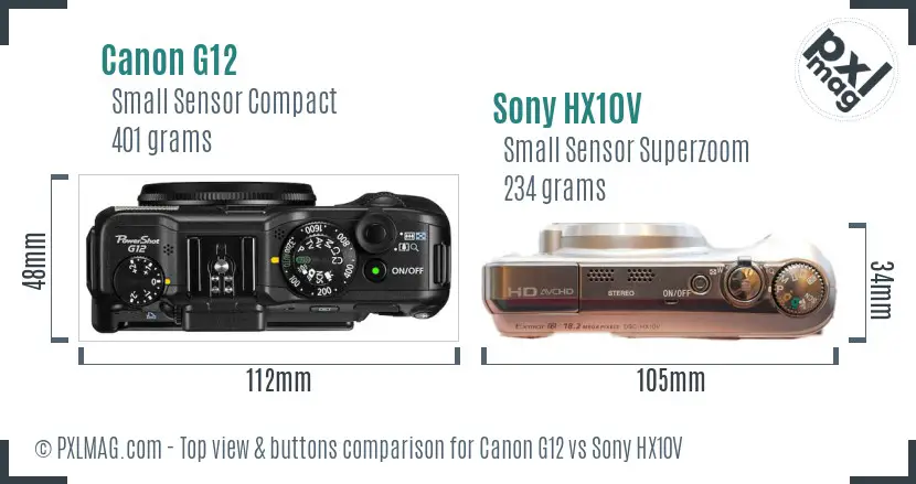 Canon G12 vs Sony HX10V top view buttons comparison