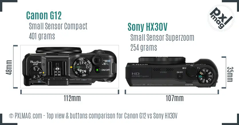 Canon G12 vs Sony HX30V top view buttons comparison