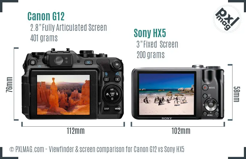 Canon G12 vs Sony HX5 Screen and Viewfinder comparison