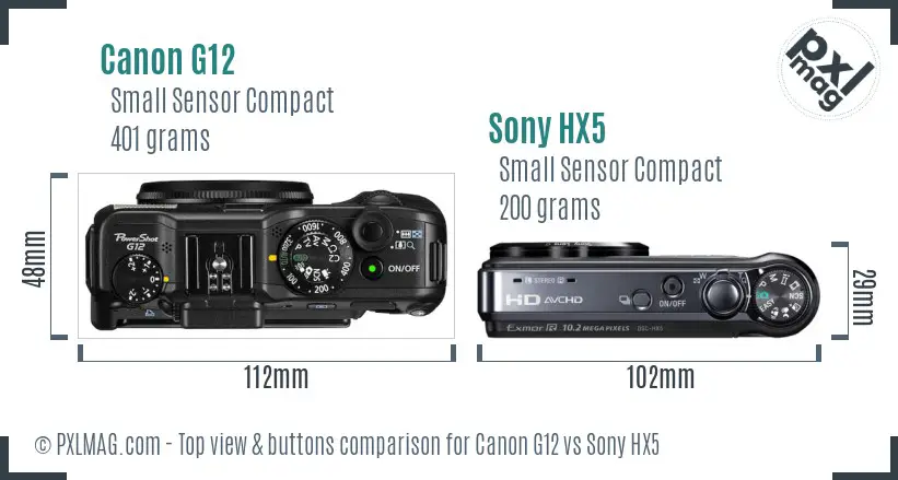 Canon G12 vs Sony HX5 top view buttons comparison