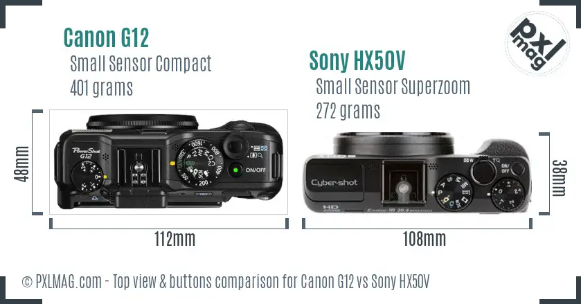 Canon G12 vs Sony HX50V top view buttons comparison