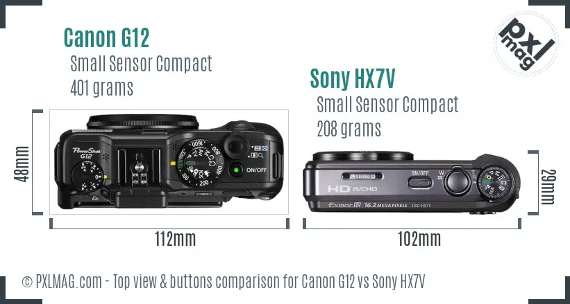Canon G12 vs Sony HX7V top view buttons comparison