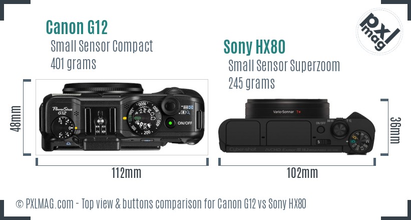 Canon G12 vs Sony HX80 top view buttons comparison