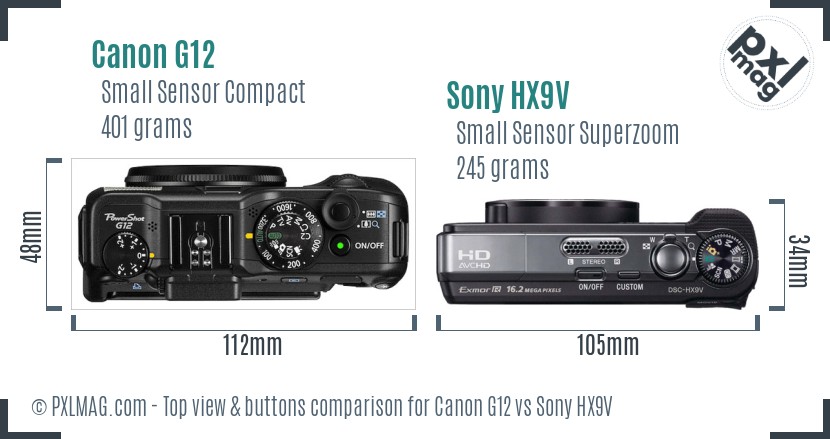 Canon G12 vs Sony HX9V top view buttons comparison