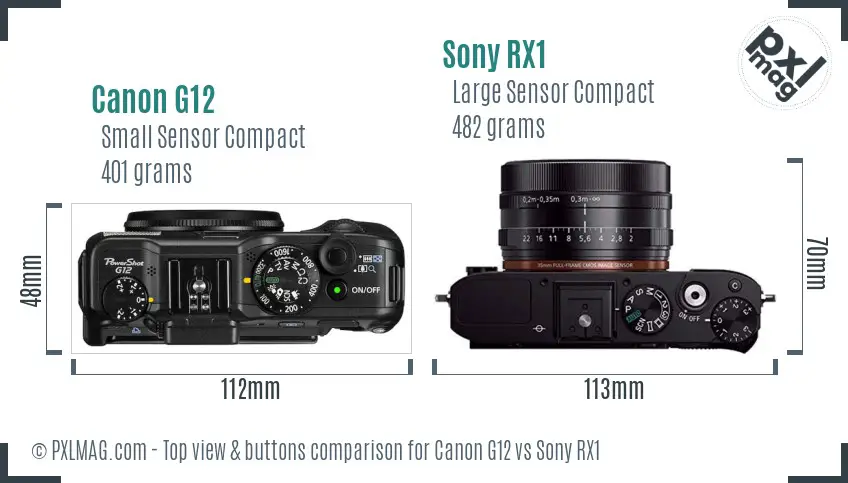 Canon G12 vs Sony RX1 top view buttons comparison