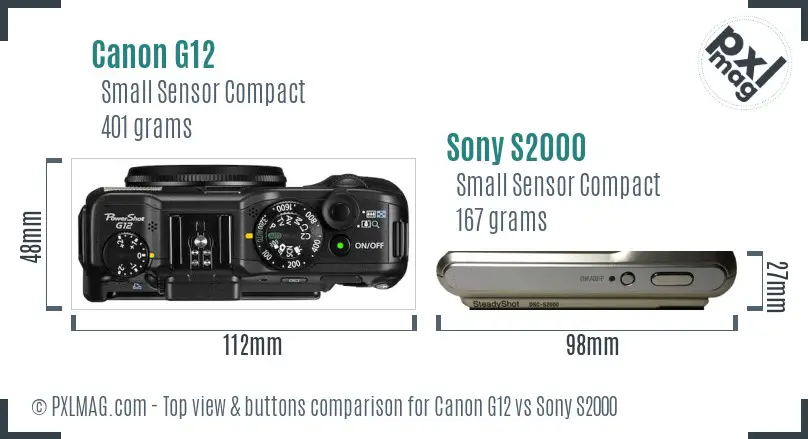 Canon G12 vs Sony S2000 top view buttons comparison