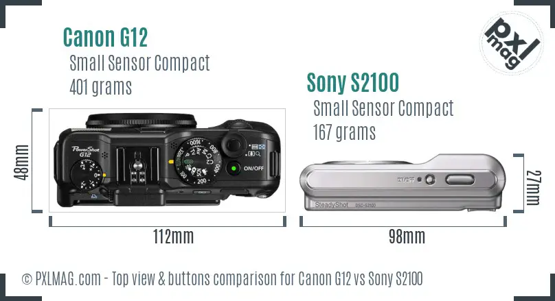 Canon G12 vs Sony S2100 top view buttons comparison