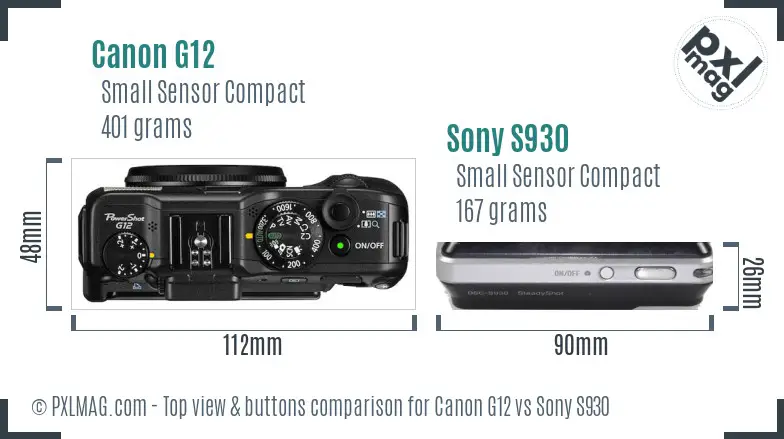 Canon G12 vs Sony S930 top view buttons comparison