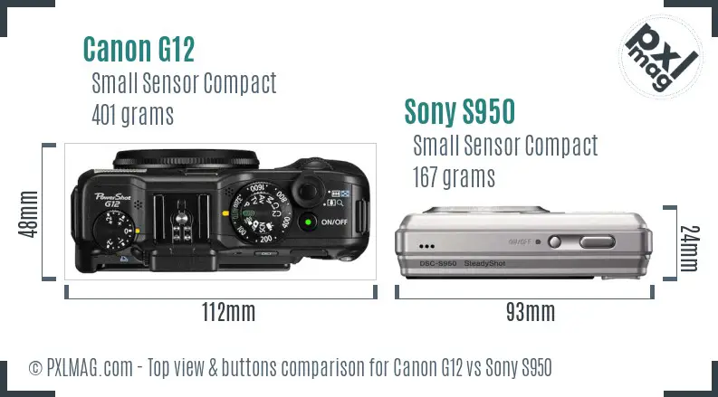 Canon G12 vs Sony S950 top view buttons comparison