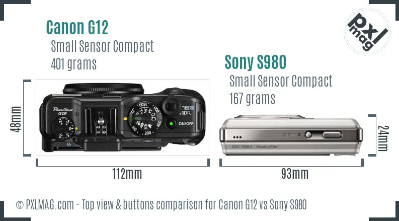 Canon G12 vs Sony S980 top view buttons comparison