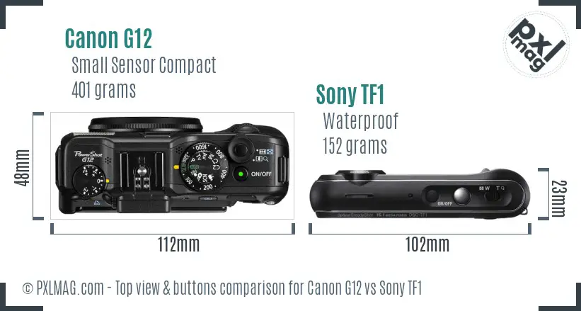 Canon G12 vs Sony TF1 top view buttons comparison