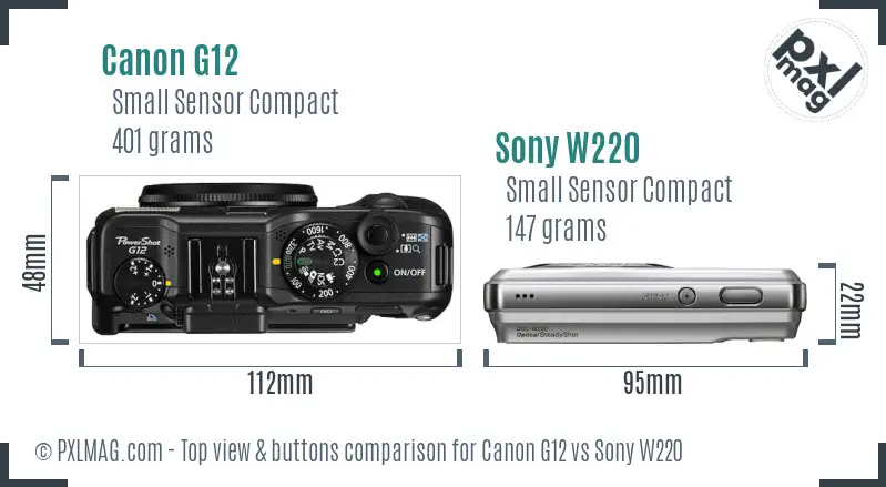 Canon G12 vs Sony W220 top view buttons comparison