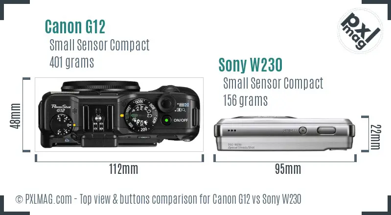 Canon G12 vs Sony W230 top view buttons comparison