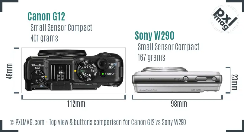 Canon G12 vs Sony W290 top view buttons comparison